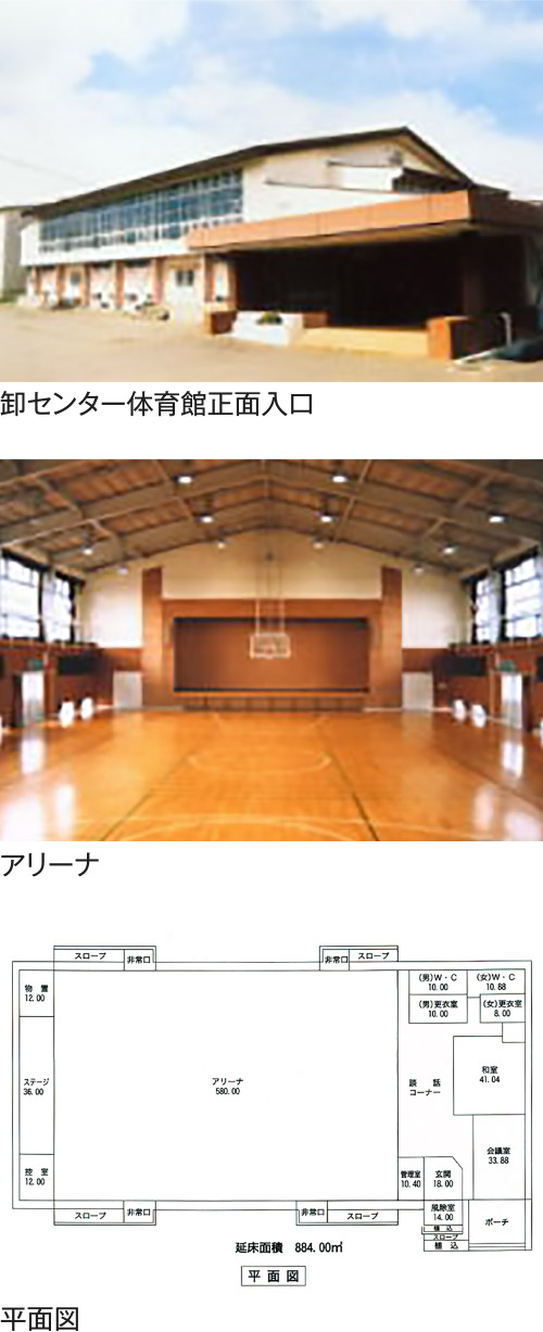 卸センター体育館正面入口、アリーナ、平面図